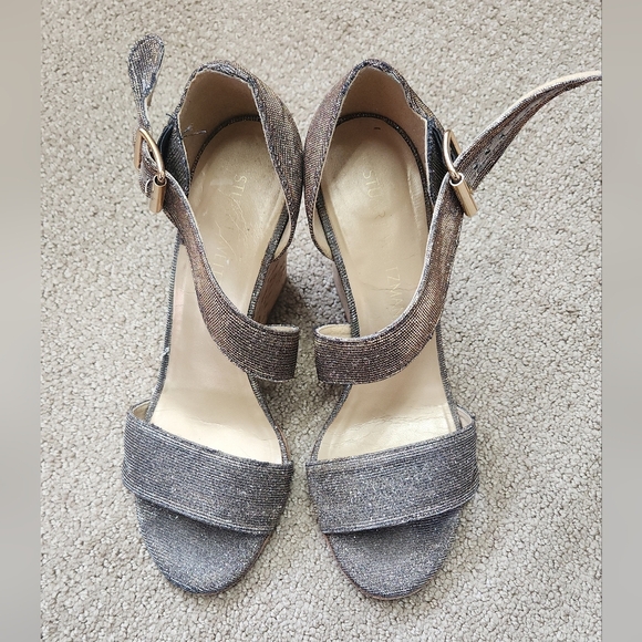 Stuart Weitzman Lineone Pyrite Nocturne Wedge Sandals 7 Glitter Sparkle Cork - Picture 2 of 9